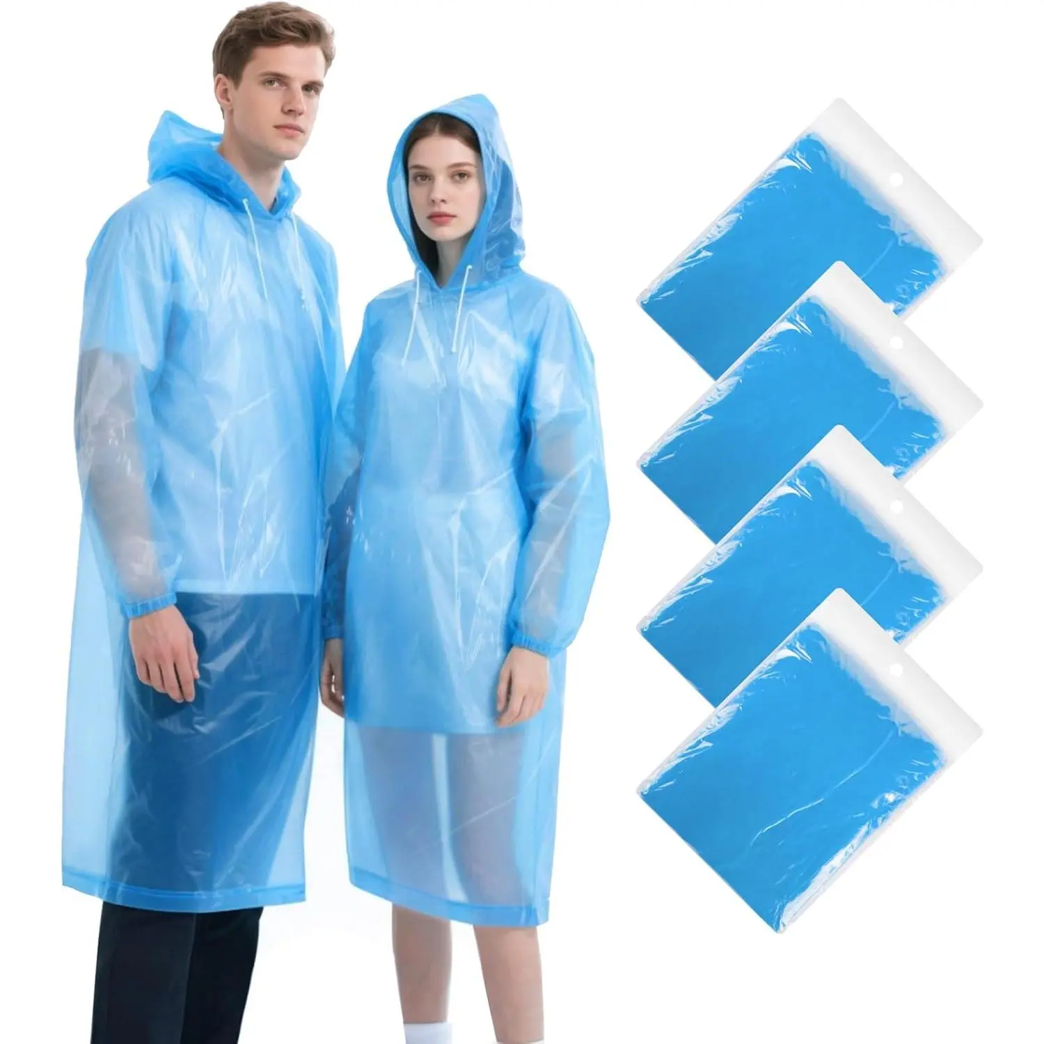 4 Pack Disposable Rain Ponchos for Adults, Emergency Ponchos Family Pack for Men and Women, Rain Ponchos with Hood and Sleeves Ideal for Theme Park, Daily Use