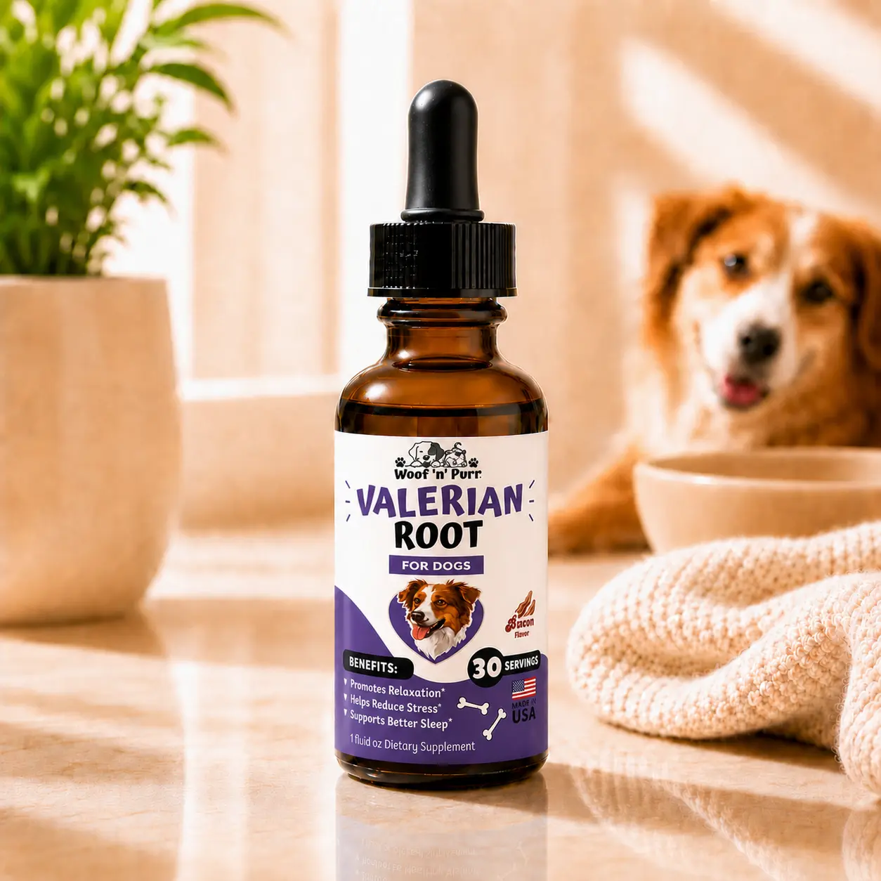 Valerian Root for Dogs – Calming & Stress Support Supplement | 30 Servings | Woof 'n' Purr