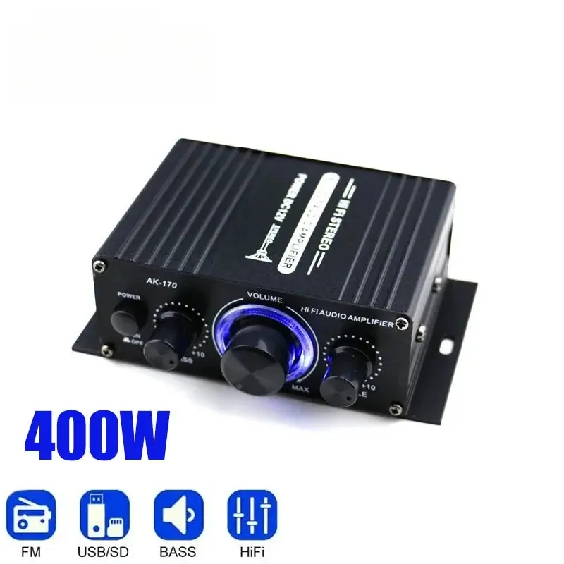 200Wx2 Mini Digital Power Amplifier Sound System - Bluetooth Shower Audio Speakers with Blue Light Stereo, Aluminum Alloy, DC 12V, 133x113x50mm, 20Hz-20kHz for Home Theater Use, 1 * Power Amplifier