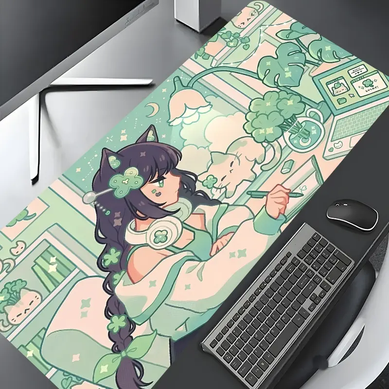 Mint Green Kawaii Anime Girl Large Gaming Mouse Pad, Clover Cat Ears Whimsical Desk Mat Desk Protector with Non-Slip Rubber, Multi-Size for Laptop & Desktop Use, Desk Accessories, Desktop Accessory, Cute Desktop Accessories