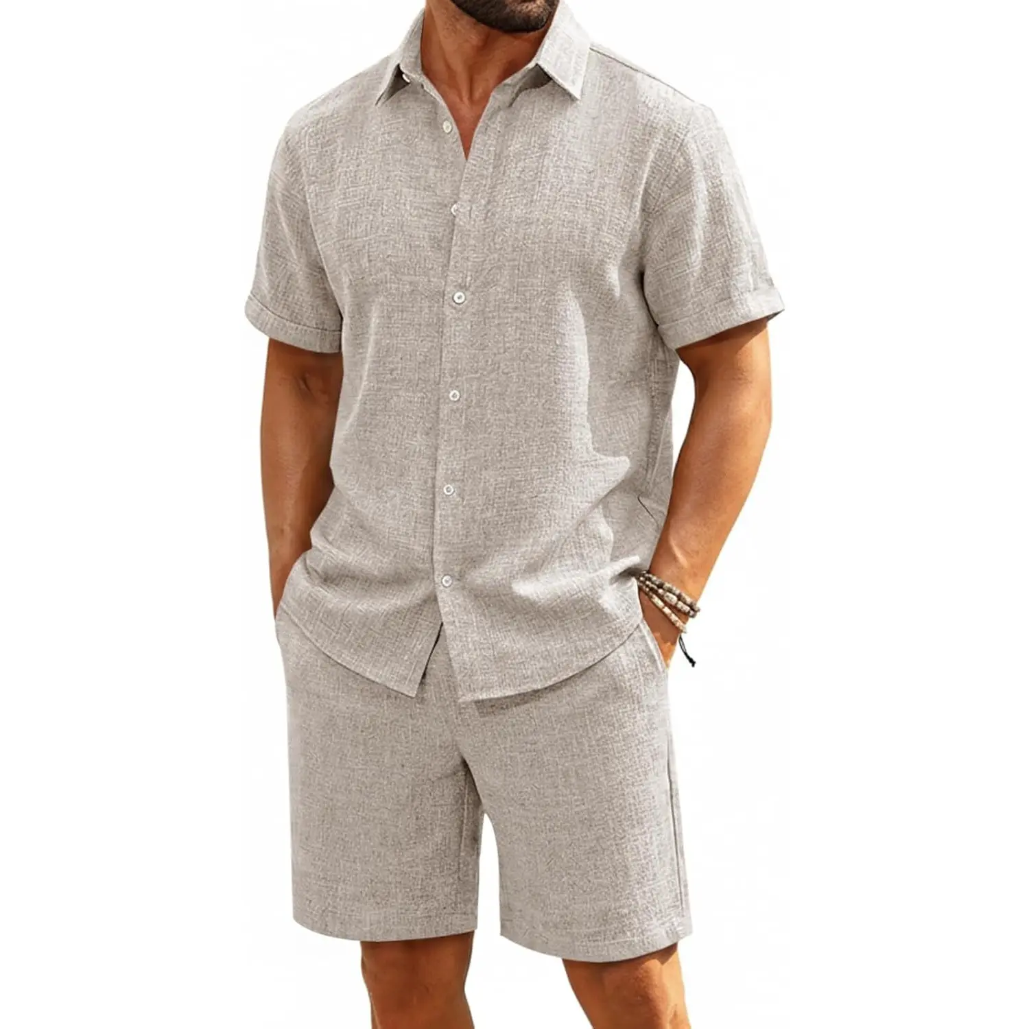 Runcati Mens Short Sleeve 2 Piece Sets Button Down Casual Summer Beach Vacation Linen Shirt and Shorts Outfit