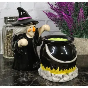 Black Potion Magic Witch And Large Cauldron Pot Hearth Salt Pepper Shakers Set