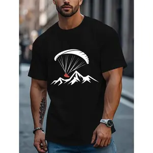 Mens Paraglider and Mountain Adventure Cotton T-shirt with White Paragliding Design and AllSeason Outdoor Confidence Plus Size