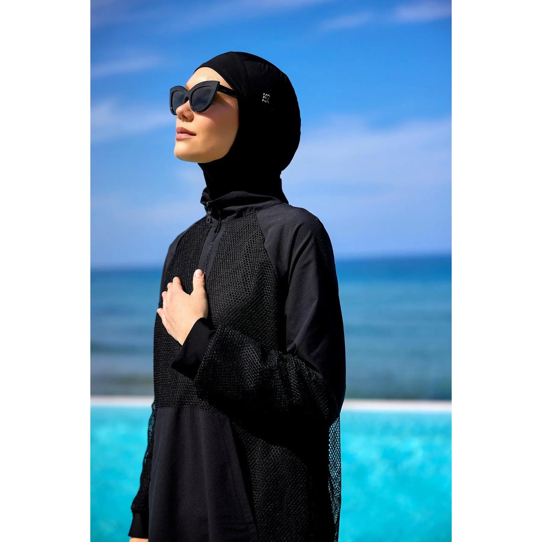 Women's Modest Islamic Long Sleeve Swimsuit Burkini - Black, Tulle Detail, Full Coverage, Sizes S,2XL,3XL,4XL, Pants Included, Female Sportswear, M2534-1