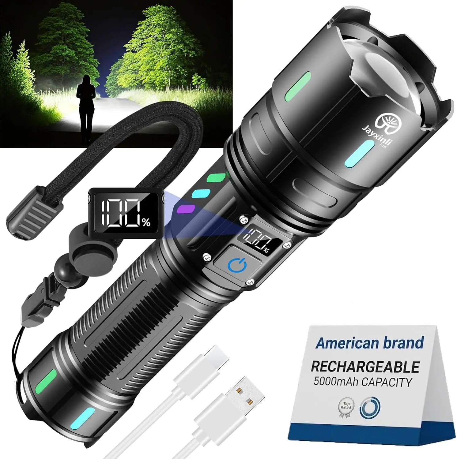Rechargeable LED Flashlight - 20000-Lumen High-Power Torch, 5000mAh Battery, LCD Display, 5 Modes, Zoomable, IP67 Waterproof, Adjustable Unisex WiFi Light, Ideal for Camping, Dog Walking, Christmas, Graduation, Thanksgiving, Father’s Day, Hanukkah