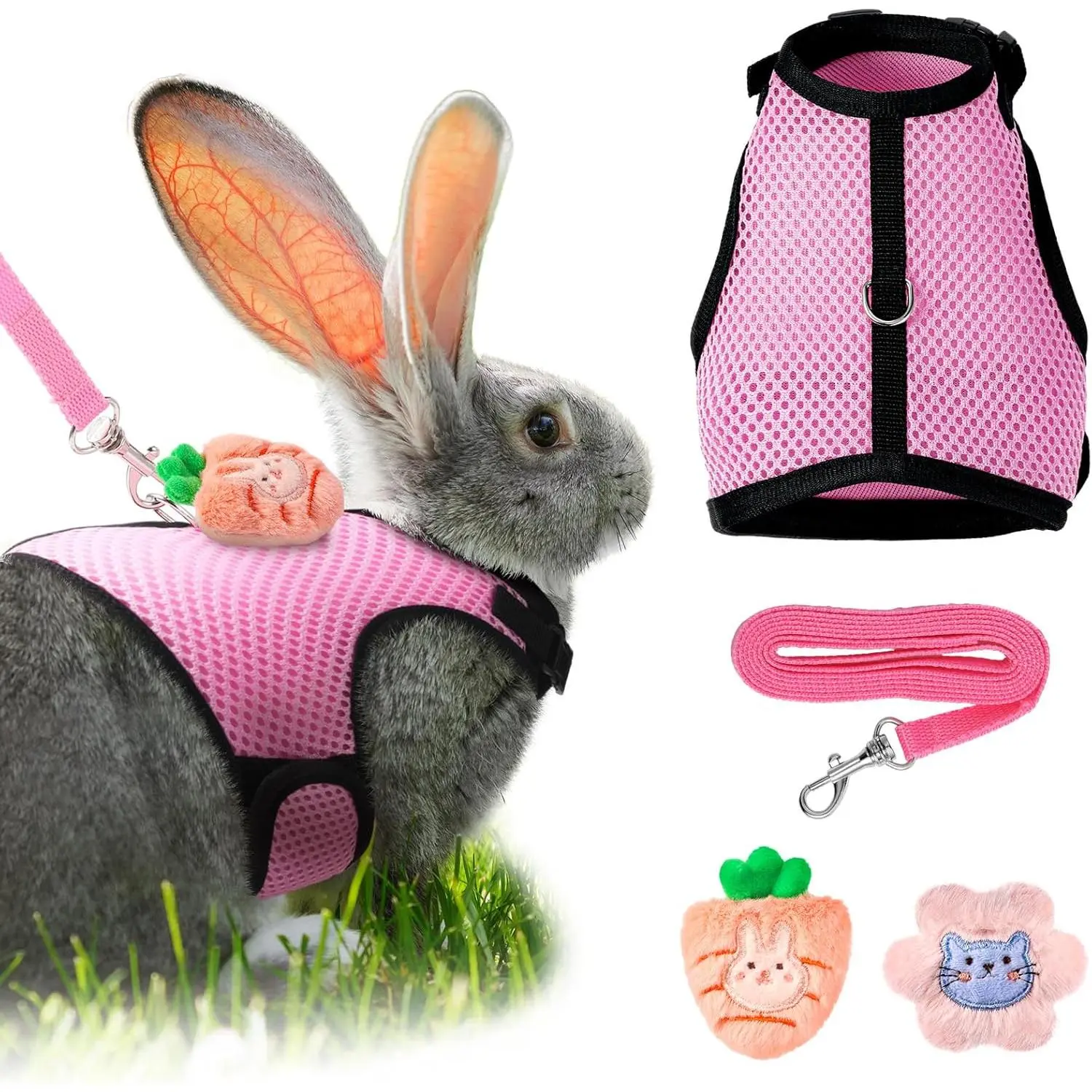 Small Animal Mesh Vest Harness & Leash Set - Party Costume with 2 Cute Decorations, Adjustable Buckle for Rabbits, Ferrets (Costume Party Use)
