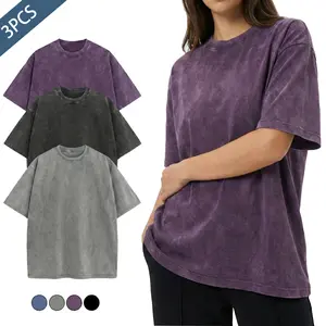 Vintage Acid Wash Oversized Tee for Women, 3 piece sets Aesthetic Streetwear Baggy Cotton Shirt, Retro Drop Shoulder Gym Pump Cover, Casual Boyfriend Style Athletic Tunic, Breathable Soft Hip Hop Workout TopAcid
