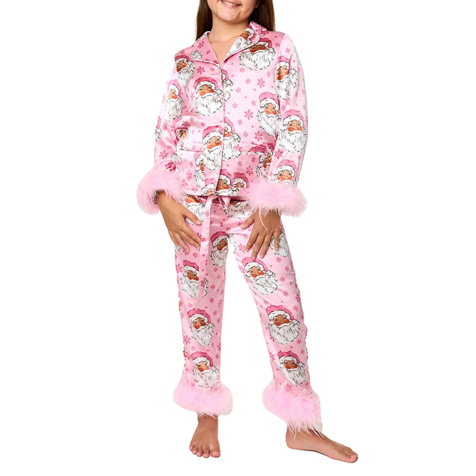 Calsunbaby Toddler Baby Girls Christmas Satin Silk Pajamas Button Down 2 Piece Pajama Set Big Kids Teen Girls Pjs Nightgown Outfits