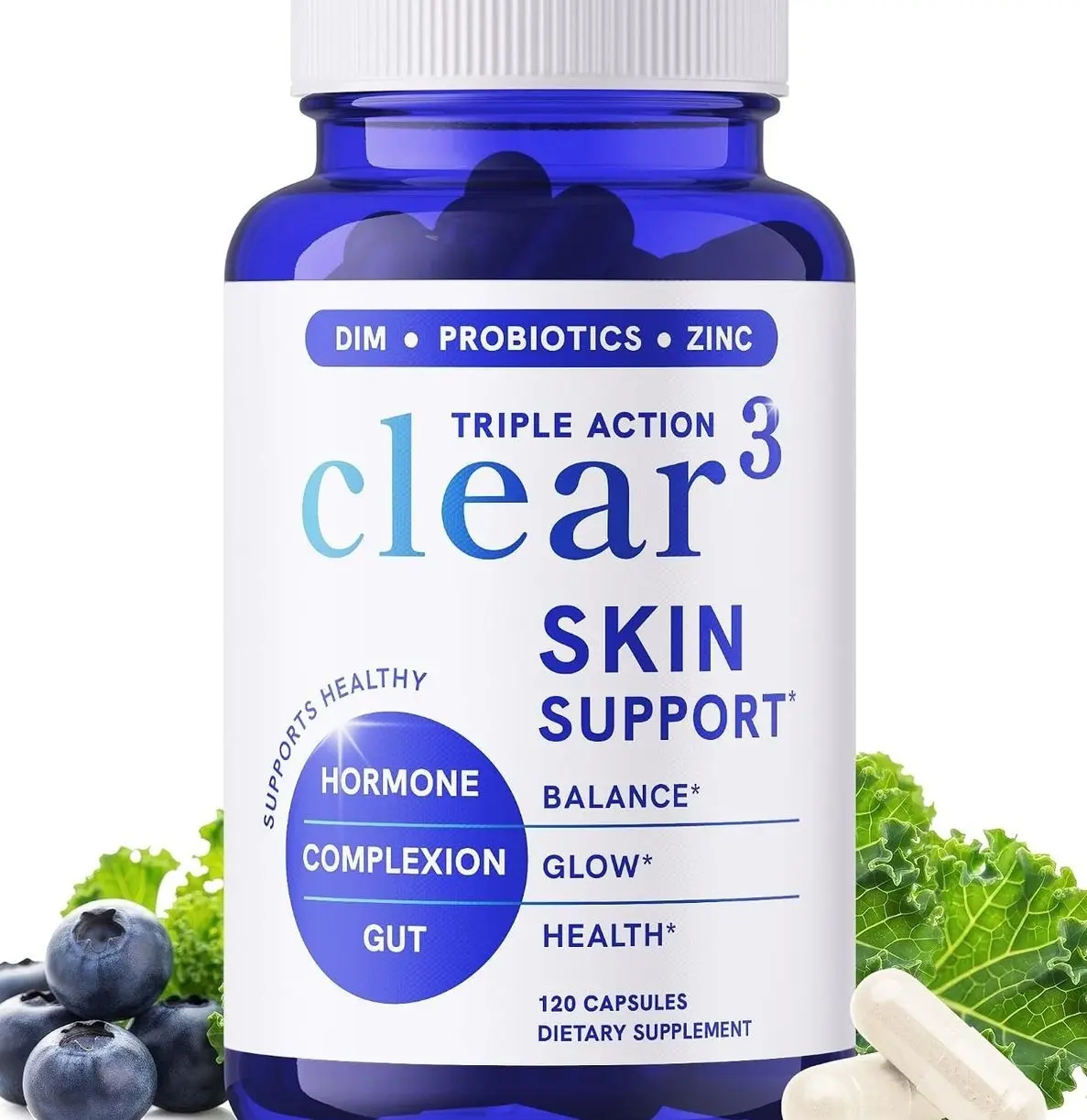 Clear Skin Supplement with Zinc, DIM & Probiotics | 3-in-1 Hormone, Gut & Complexion Support | Triple Action Hyaluronic Acid, Niaciminide & Vitamins for Skin Balance, Glow & Health Support | 120 Ct