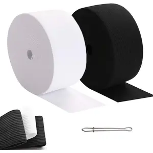 2 Rolls Elastic Bands for Sewing, High Elasticity Knit Elastic Bands, Thickness 1mm Width 2 inch, Length 5.5 Yards/roll, with 1 Sewing Clip, for Clothes Pants Crafts DIY(White and Black)