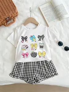 Girls' 2-Piece Bow Graphic Short Sleeve T-Shirt & Gingham Plaid Ruffle Shorts Set, Casual Summer Outfit for Back to School and Daily Wear