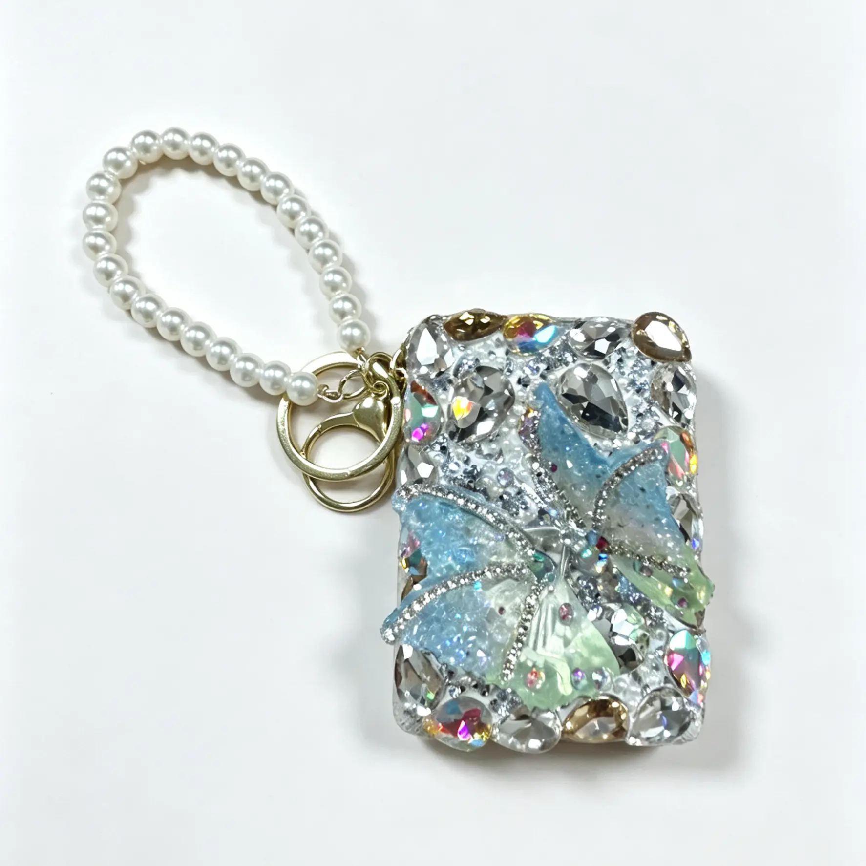 Rhinestone Crystal Butterfly with Stir Up Wings, Creative Women Bag Charm Portable Folding Glass Heart Mirror Keychain