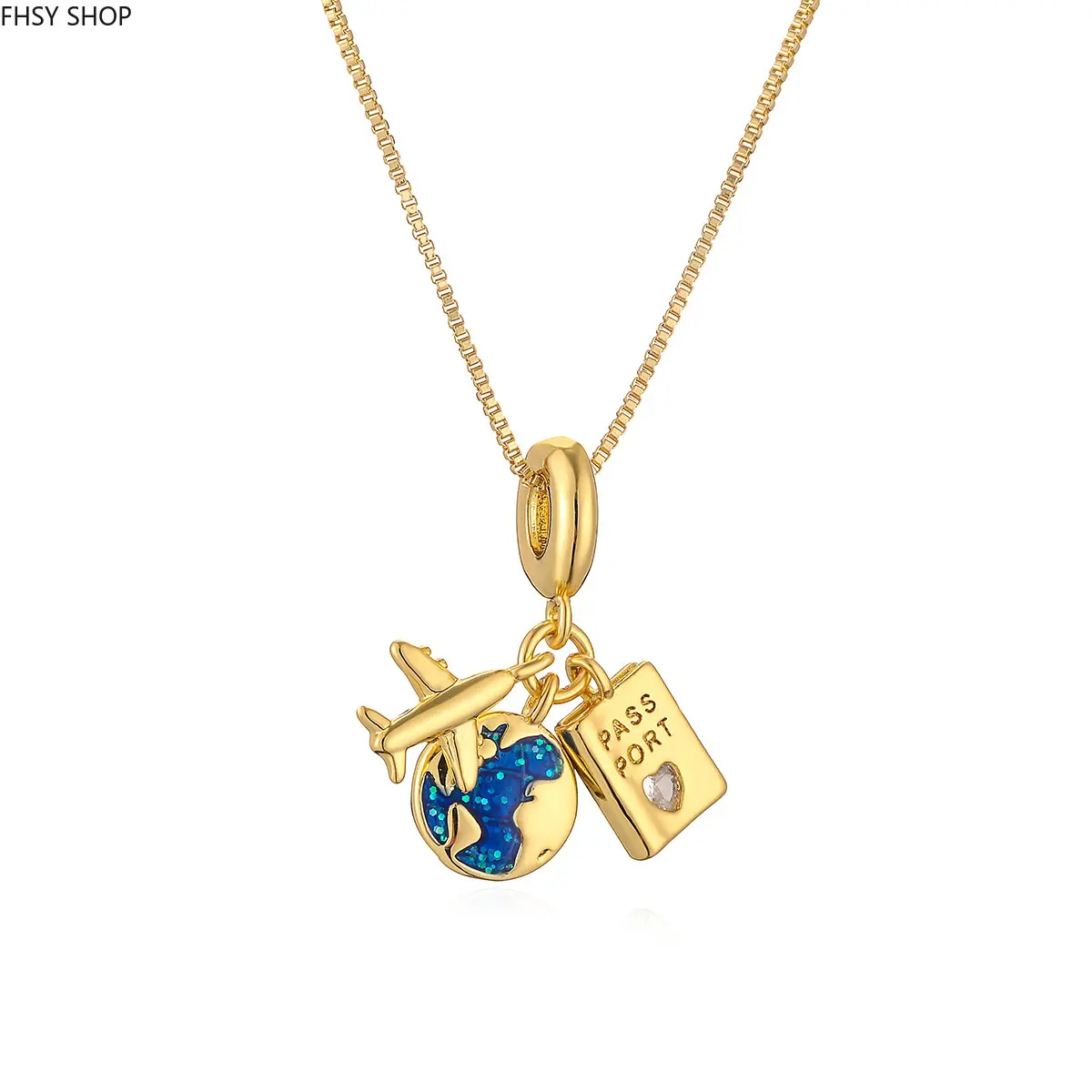FHSY SHOP Travel Lover Charm Necklace 14K Gold Plated Airplane World Map Passport Pendant with Blue Glitter Earth for Women, Wanderlust Gifts, and Everyday Wear