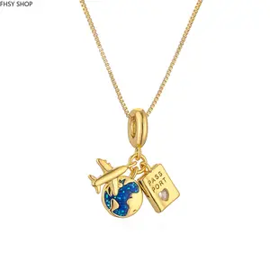 FHSY SHOP Travel Lover Charm Necklace 14K Gold Plated Airplane World Map Passport Pendant with Blue Glitter Earth for Women, Wanderlust Gifts, and Everyday Wear