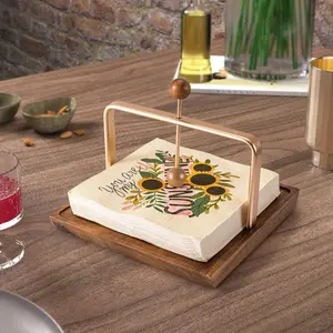 Napkins Holder, Wood Napkin Holder for Table, Square Tabletop Napkin Dispenser with Sophisticatedly Metal Center Bar, cocktail napkin holder for Home, Kitchen, Office, Restaurant, Hotel, Cafe, Bar