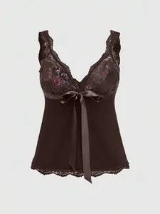 VYNCE Women Fairycore Black Lace Cami Top Rose Floral Pattern Mesh Panel Sexy Babydoll Tank Top with Large Satin Bow Detail