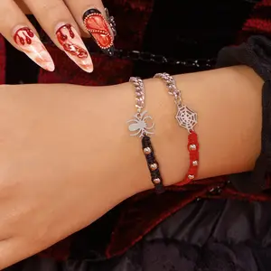 2Pcs/Set Handmade Braided Bracelet for Couple Lover Romantic Spider Web Beaded Metal Chain Bangle Halloween Friendship Jewelry