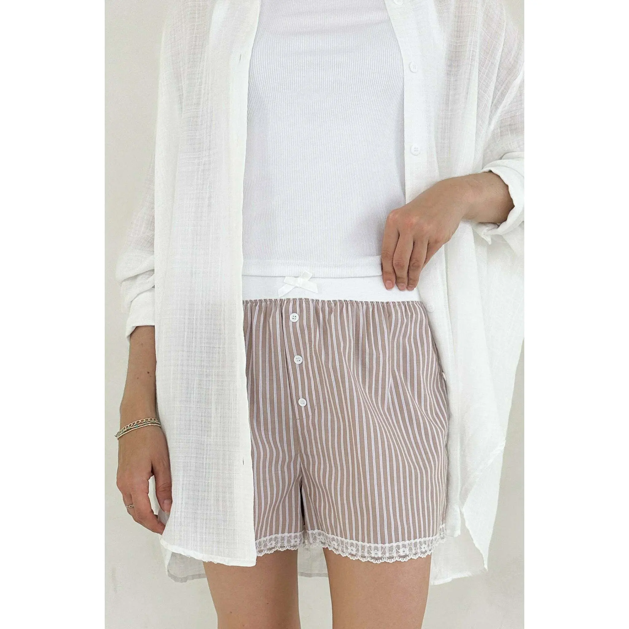 Merci Striped Lace Shorts in Mocha