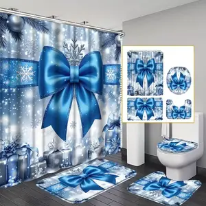 1/4pc Blue Bow and Snowflake Pattern Shower Curtain Set, Bathroom Supplies, Bathroom decoration accessories, includes shower curtain, toilet seat cover, rectangular mat, U-shaped mat, perfect for bathroom décor, comes with 12 shower curtain hooks