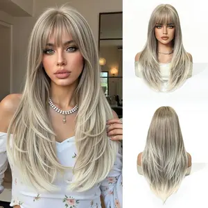 Long Straight Layered Wig with Bangs for Women 24 inch Put on Go Realistic Synthetic Fiber Heat Resistant Natural Wig for Girls Party Cosplay and Daily Use