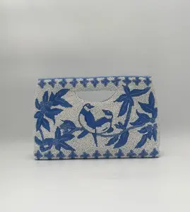 Hand Beaded Blue & White Bird Motif Clutch Purse