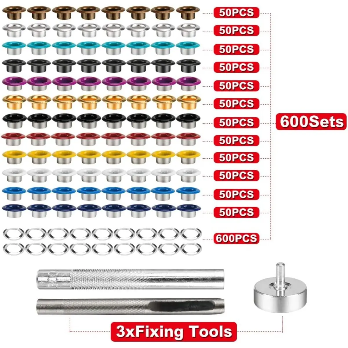 Durable Copper Metal Eyelets (600 Sets, Inner 5mm, Barrel Length: 3.8mm) with 3 Installation Tools, Sewing Accessory for Shoes, Bags, Leathercrafts, Lace, Fabric Decorating