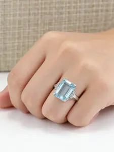 Vintage Bohemian Silver Color Rectangular Simulated Aquamarine Ring, Cubic Zirconia Ring, Women's Single Birthstone Ring Gift, Cubic Zirconia Solitaire