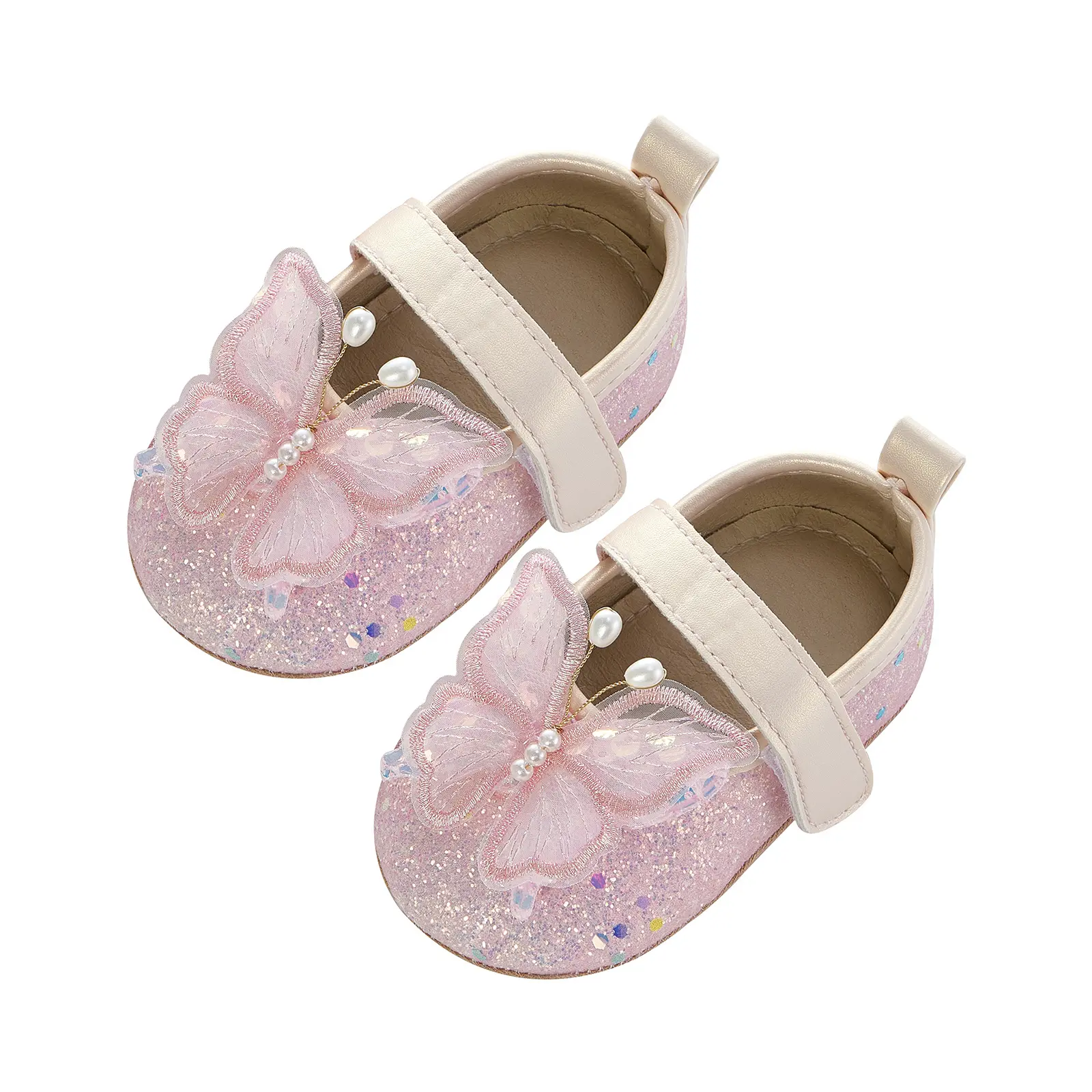 Baby Girl's Princess Synthetic Leather Dress Shoes, Shiny Glitter Mary Janes with 3D Butterfly, Non-Slip Soft Sole for Infant Party & Wedding, Closed Toe Shoes, All Season