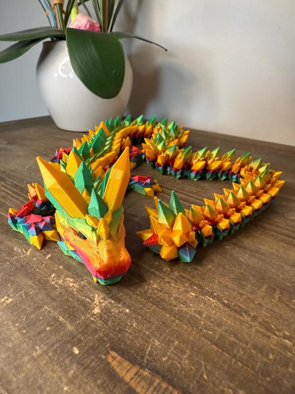 Rainbow Crystal Dragon Full Size | 26" 3D Printed Articulated Dragon Figurine | Multicolor Fantasy Dragon Collectible