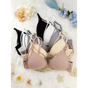5 pieces of personalized women's bra, hollow strap design, thread fabric, deep V women's bra, comfortable and breathable women's bra,-underwire bra, hot-selling women's lingerie, casual bra, 7 colors available, suitable for all seasons, Unlined bras