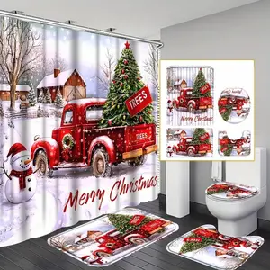 Christmas Truck Shower Curtain Set, Waterproof Curtains, Non-Slip Mat, Toilet Lid Cover, Bathroom Rug & Hooks, Truck and Tree Design, Bathroom Decoration Accessories