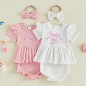 Canrulo Newborn Baby Summer Clothes Girl 0 3 6 12 Month Little Sister Outfits Ribbed Top Bloomer Shorts Headband 3PCS Sets