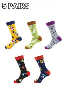 Cartoon Animal Brand Knee High Socks, Vibrant Colorblock Design, 5 Pairs Set, Fashion All Seasons, Daily Wear, Easy Style
