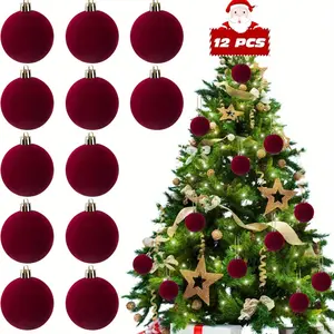 12 Velvet Christmas Decorations, Ball Shape Ornaments, Hanging Ornaments, Home Decor Ornaments, Round Tree Decor, Holiday Party Supplies, Festive Xmas Balls