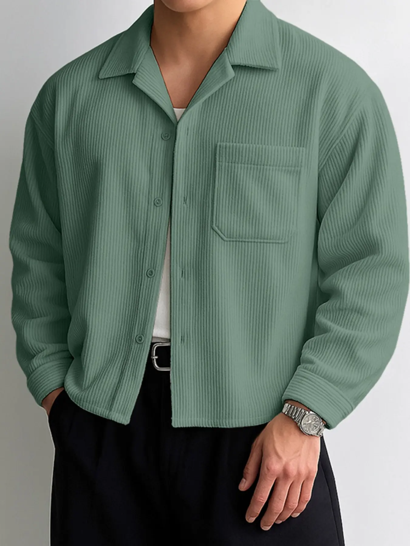 INCERUN Men's Fashion Simple Corduroy Texture Long Sleeve Short Shirt, Perfect for Daily Wear, Stylish and Comfortable Casual Clothing