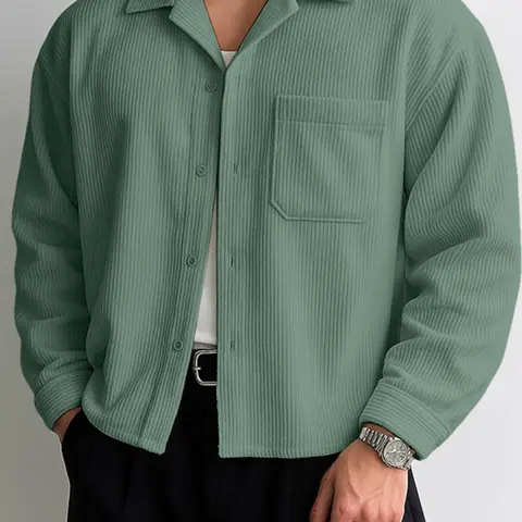 INCERUN Men's Fashion Simple Corduroy Texture Long Sleeve Short Shirt, Perfect for Daily Wear, Stylish and Comfortable Casual Clothing Top