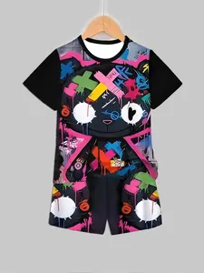 Boys' Colorful Graffiti Cartoon Set, Husky Boy Clothes, Casual Summer Short Sleeve Shorts, Asymmetrical Design, Fitted Natural Waist Tee, Random Print
