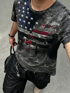 Vintage American Flag Print Loose Fit Street Style T-Shirt, Casual Long Sleeve Graphic Top, H-Type Silhouette, No Zipper or Button