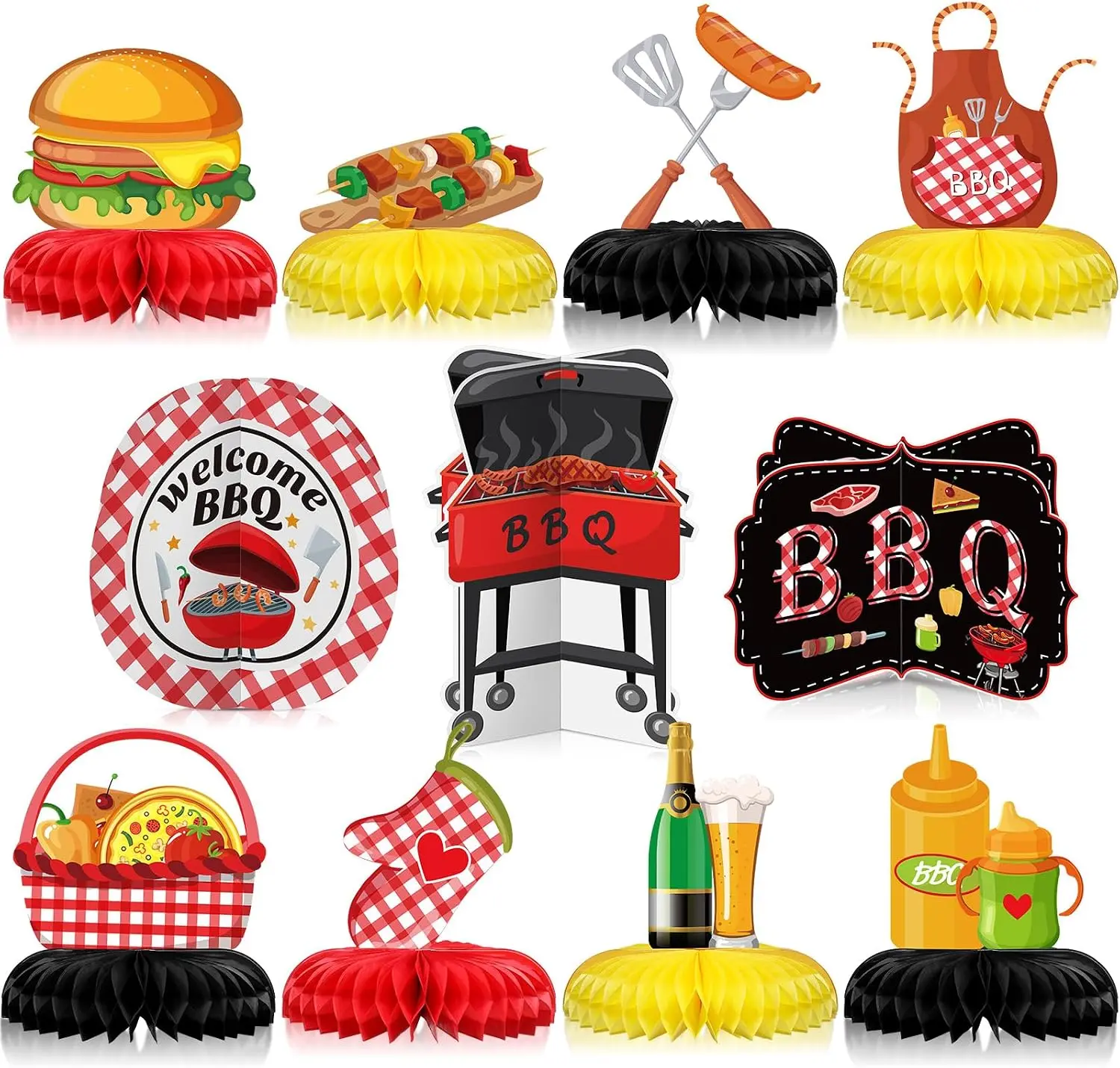11 Pcs BBQ Party Decorations Baby Q Shower Honeycomb Centerpieces | Summer Picnic BBQ Grill Burger Hot Dog Paper Tabletop Decor Backyard Barbecue Birthday Carnival Party Supplies Favors