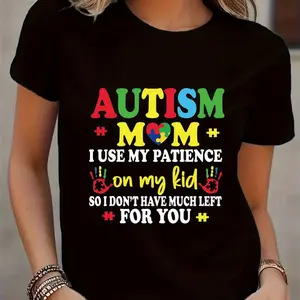 A Casual Round-Neck Short-Sleeve T-Shirt with an Autism Awareness Print for Women, Perfect for Spring And Summer, And Machine Washable Black CLL T-shirts-10436