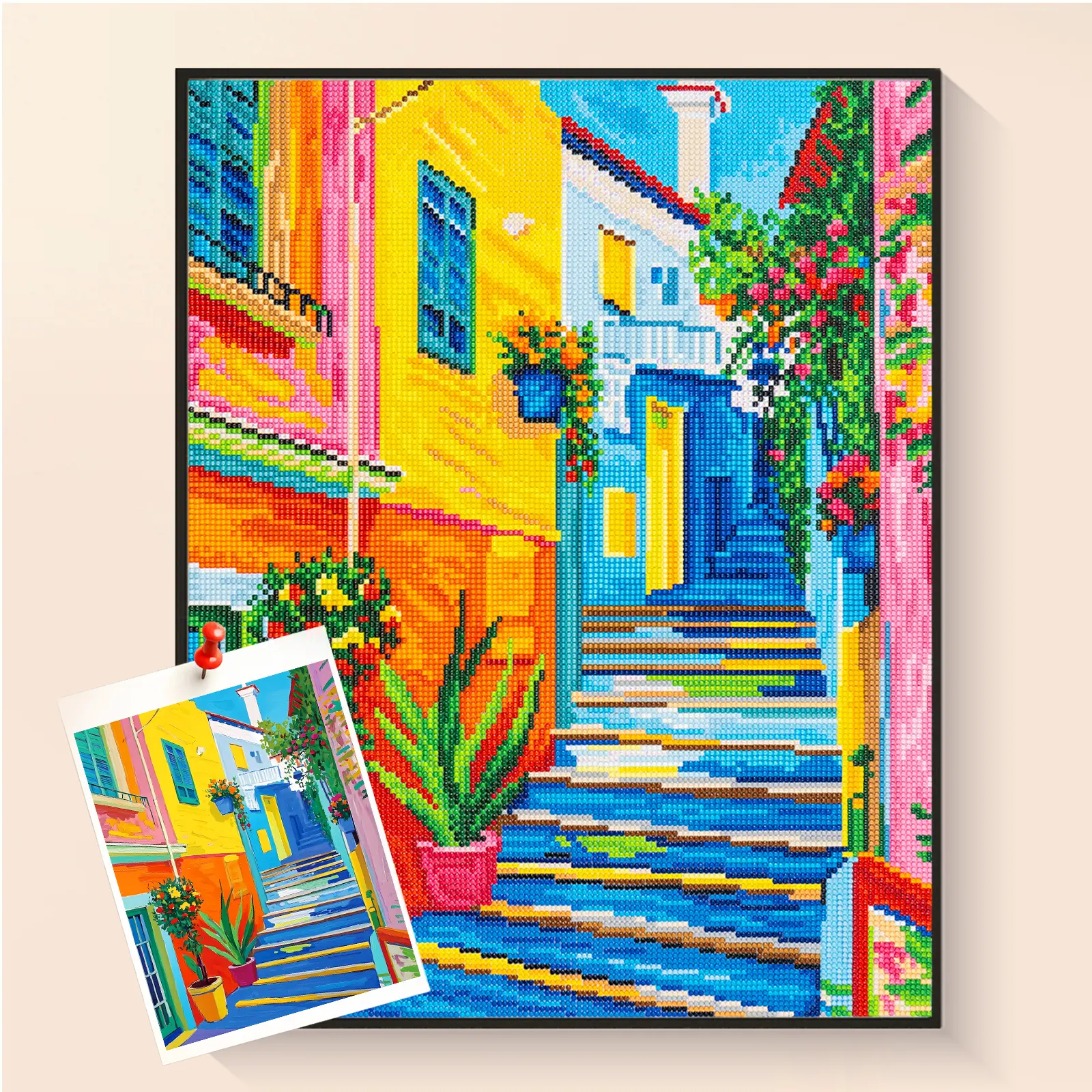 Full Drill Diamond Painting Kit, DIY Rhinestone Art of Colorful Mediterranean Street with Vibrant Buildings, Flowers, Home Wall Decor Gift for Art Enthusiasts (Toys & Hobbies, DIY Needlework)