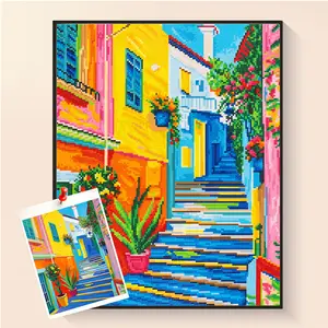 Colorful Mediterranean Street Full Drill Diamond Painting Kit, DIY Rhinestone Art with Vibrant Buildings & Flowers, Home Wall Decor Gift for Art Enthusiasts Home & Office Wall Decor Gift