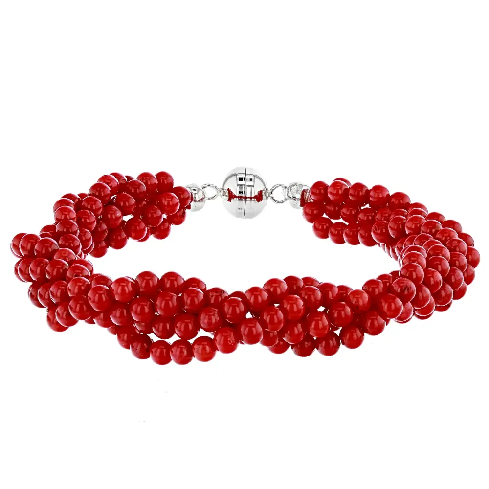 JTV Red coral sterling silver twisted bead bracelet