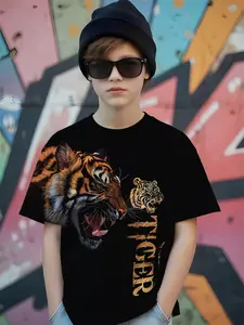 Kids Casual T-Shirt with Tiger Head Graphic and Gold Lettering, Short Sleeve Fitted Tee for Summer, Trendy Random Print Design