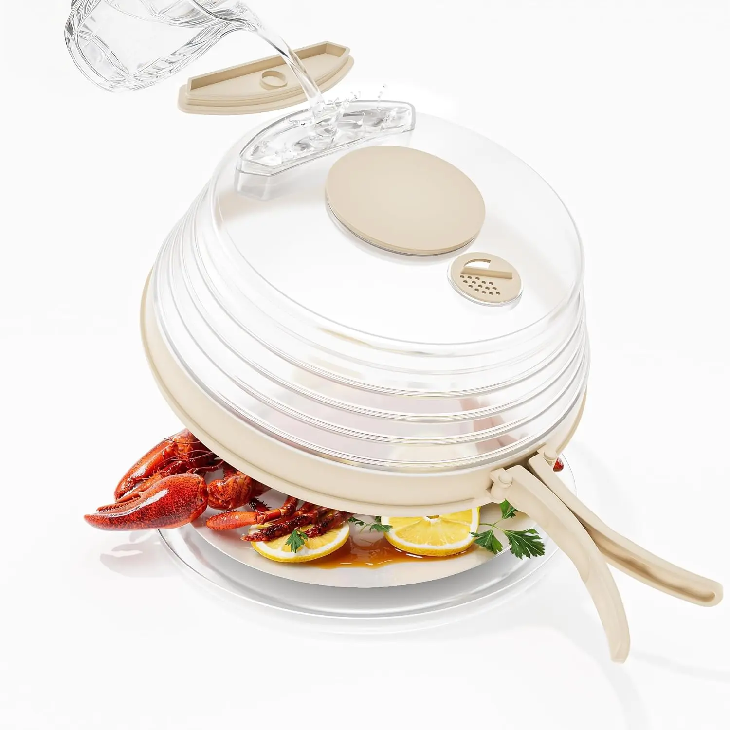 Microwave Splatter Cover with Base Plate and Water Steamer,Collapsible Microwave Cover for Food with Handle and Seasoning Groove, Clear Plate Covers,Food Safe,BPA Free,House Gifts (Creamy White)