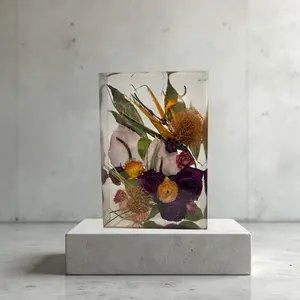 Floral Resin Rectangle Block Keepsake for Weddings & Memorials- Fossil Flowers