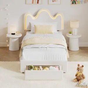Twin Bed Frame with LED Headboard and Under-Bed Drawer,Metal Upholstered Platform Bed with LED Light for Kids,Girls,Lamb Fleece Fabric,Wooden Slats Support,No Box Spring Needed,White