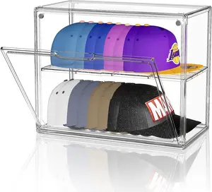 1 Pack Clear Hat Box Storage, Stackable Baseball Cap Organizer, Acrylic Hat Display Case with Removable Compartment, Plastic Hat Holder Box with Magnetic Lid