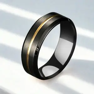 Engagement Ring, Men’s Black Stainless Steel Tungsten Ring with Gold Tone Stripe | Modern Minimalist Wedding Jewelry, Daily Wear, Birthday Gift, Father's Day, Christmas, Valentine Day