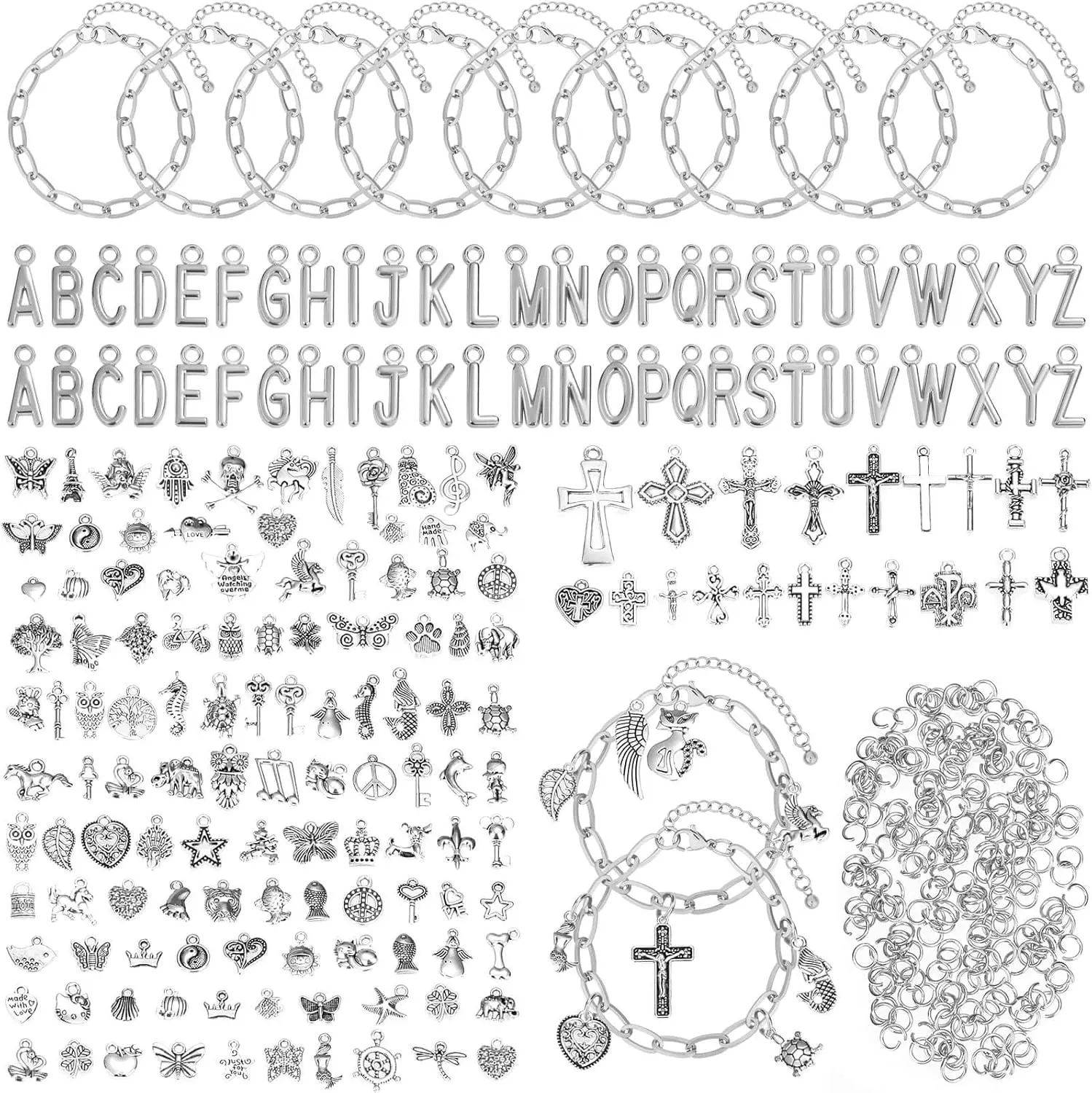 Fall Halloween Gift 384 Pieces Silver Charm Bracelet Making Kit, Including Paperclip Chain Bracelets, Cross Charms, Jump Rings for DIY Bracelet Making